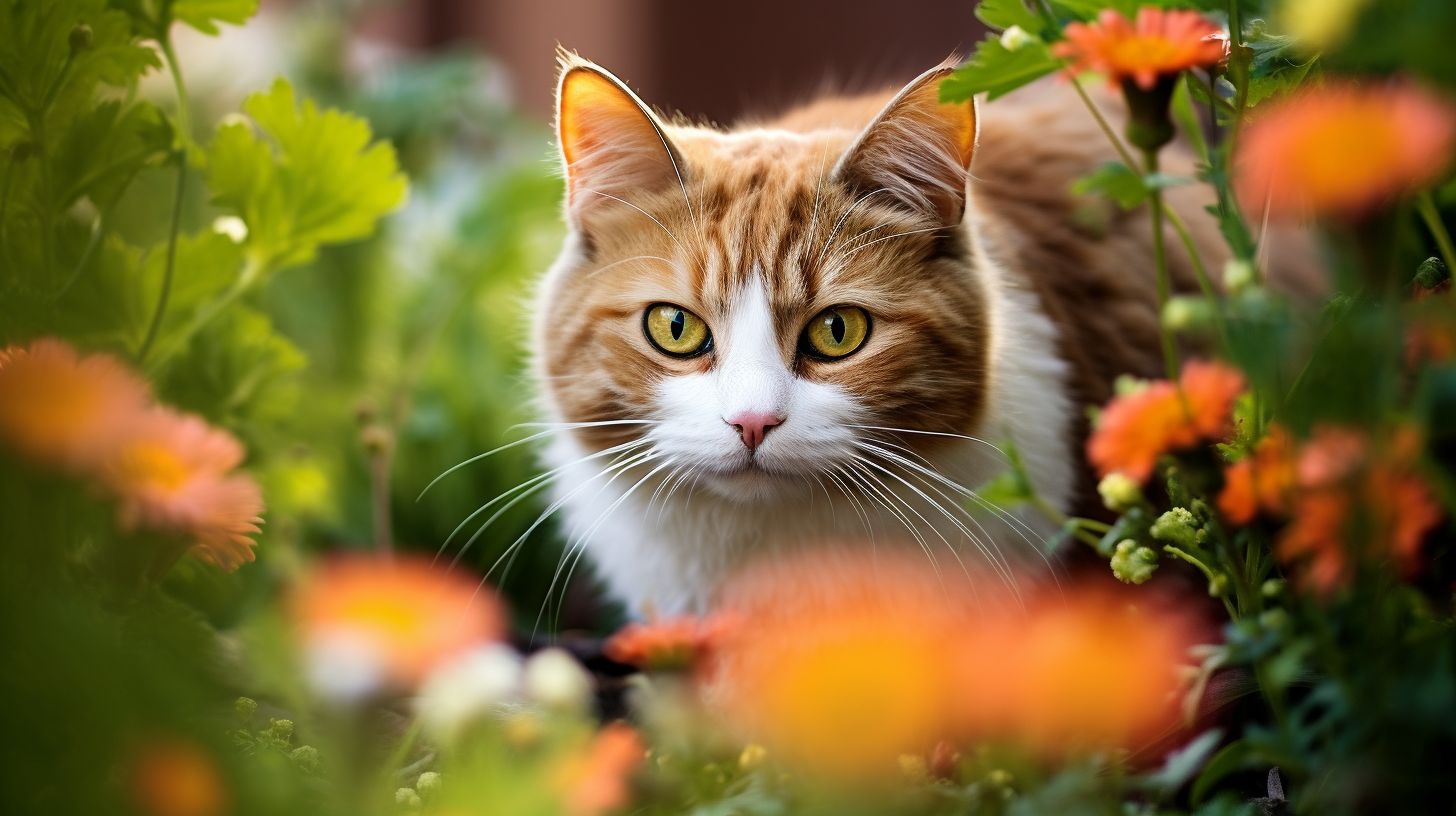 A cat exploring a colorful garden captured with a macro lens.
