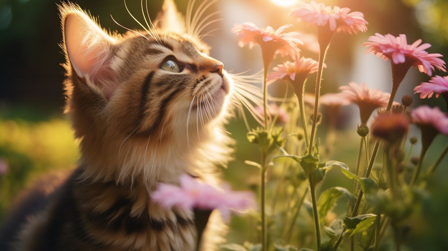 Curious cat smelling flowers in a garden.
