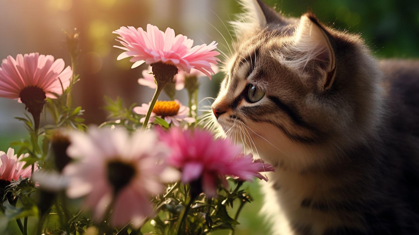 Curious cat smelling flowers in a garden.