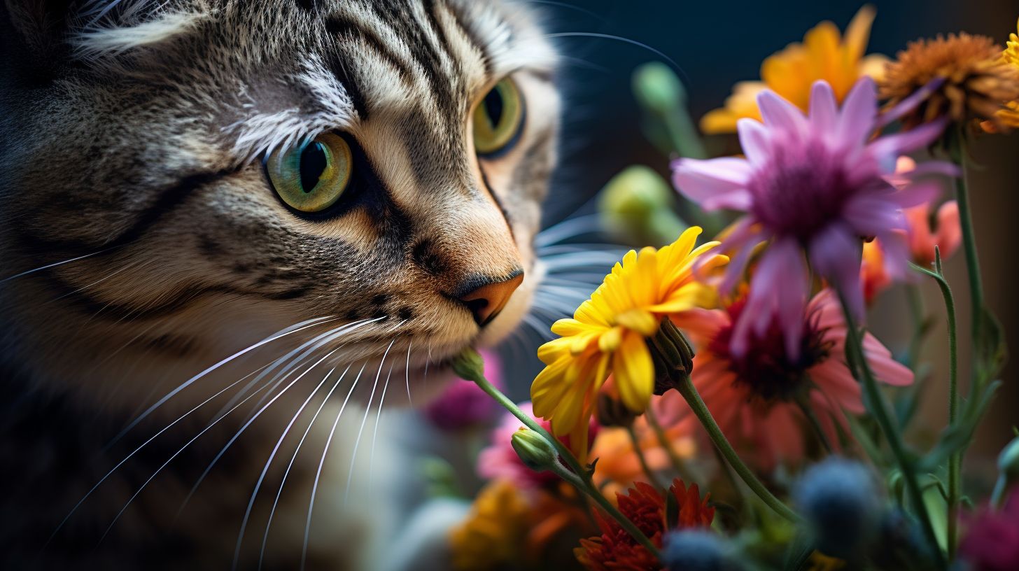 Close-up of curious cat sniffing colorful bouquet of flowers.