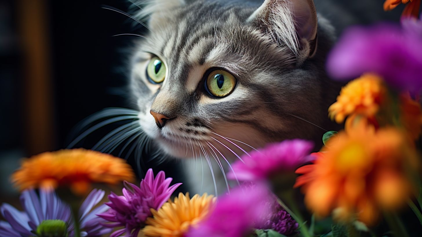 Close-up of curious cat sniffing colorful bouquet of flowers.