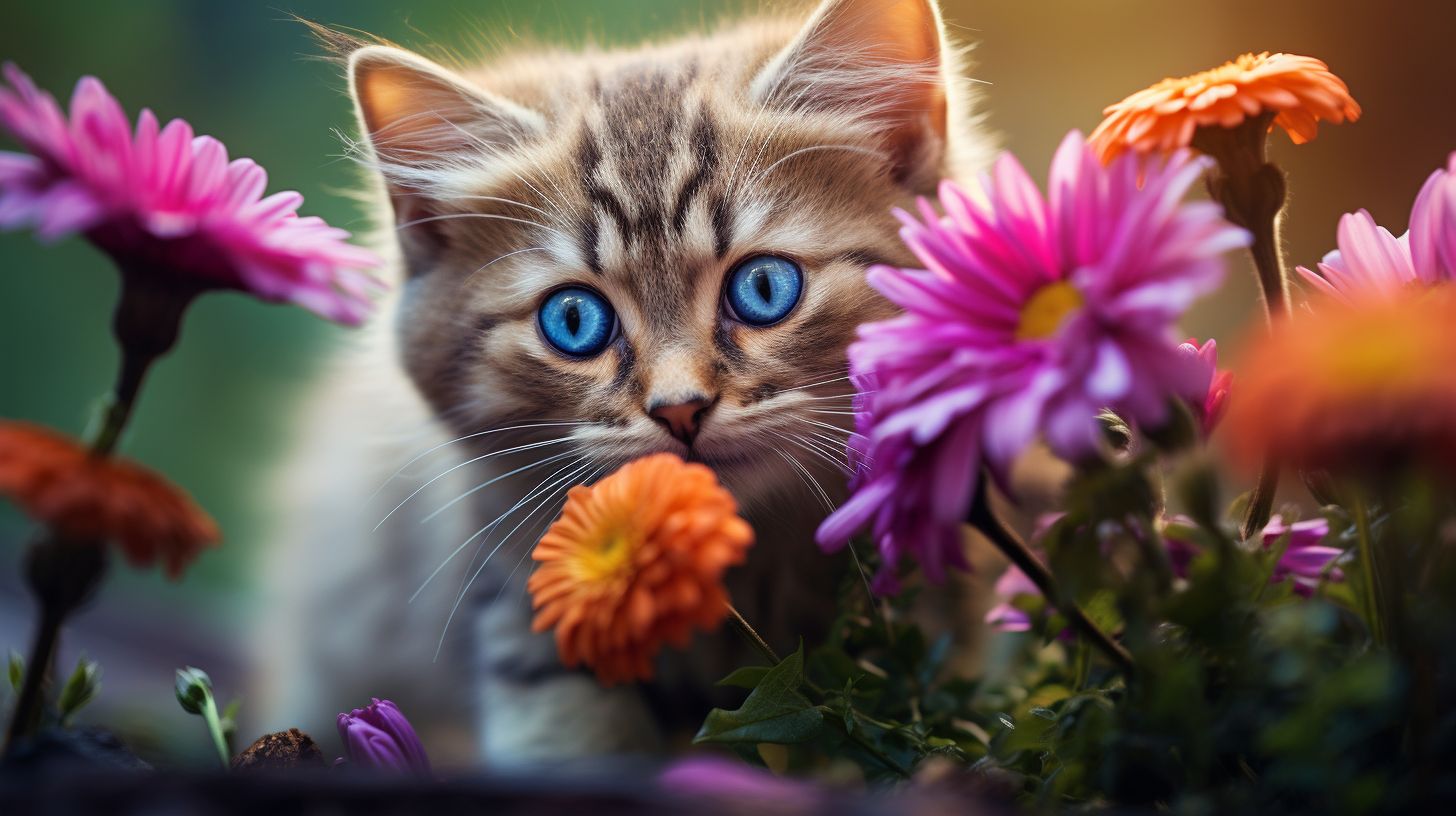Curious cat with heightened sense of smell explores colorful flowers.