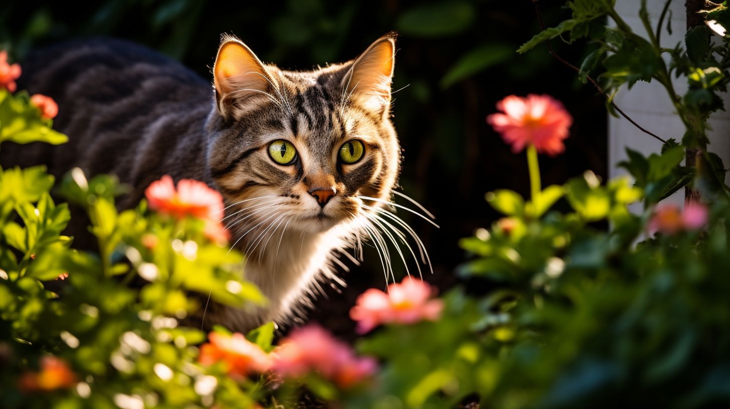 Curious cat explores a garden with vibrant flowers and butterflies.