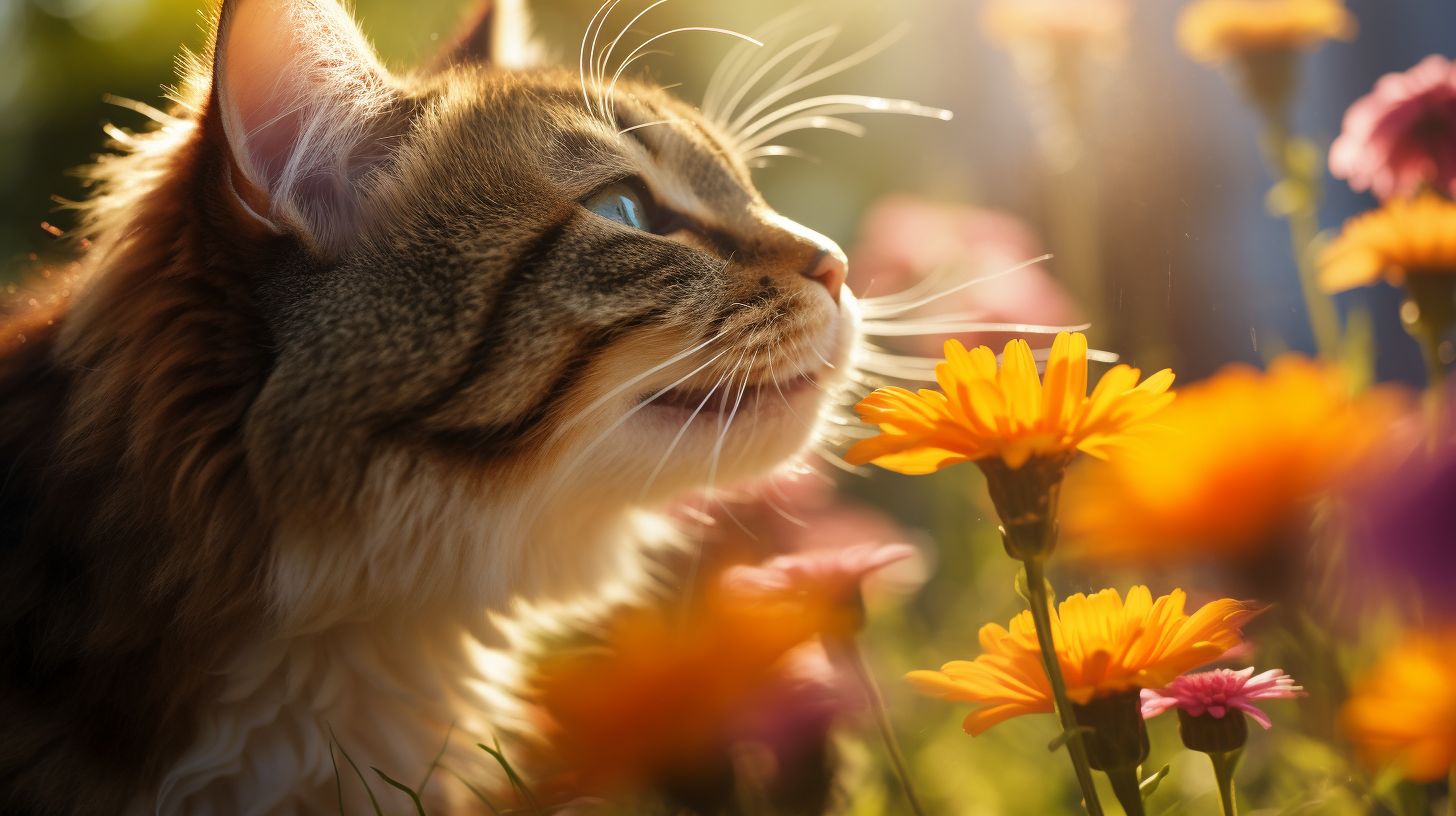 A cat sniffs a flower in a colorful garden.