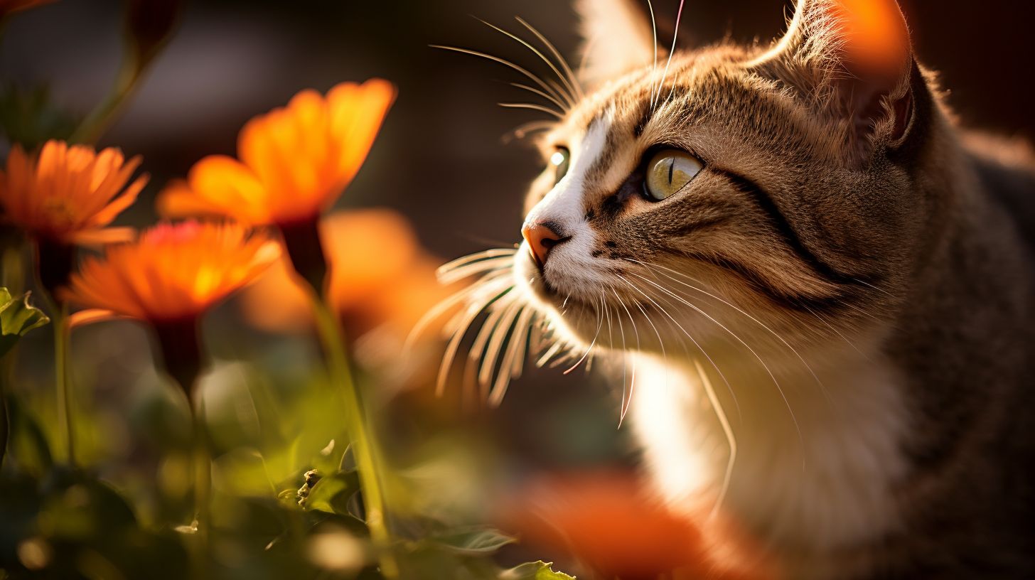 A cat sniffs a flower in a colorful garden.