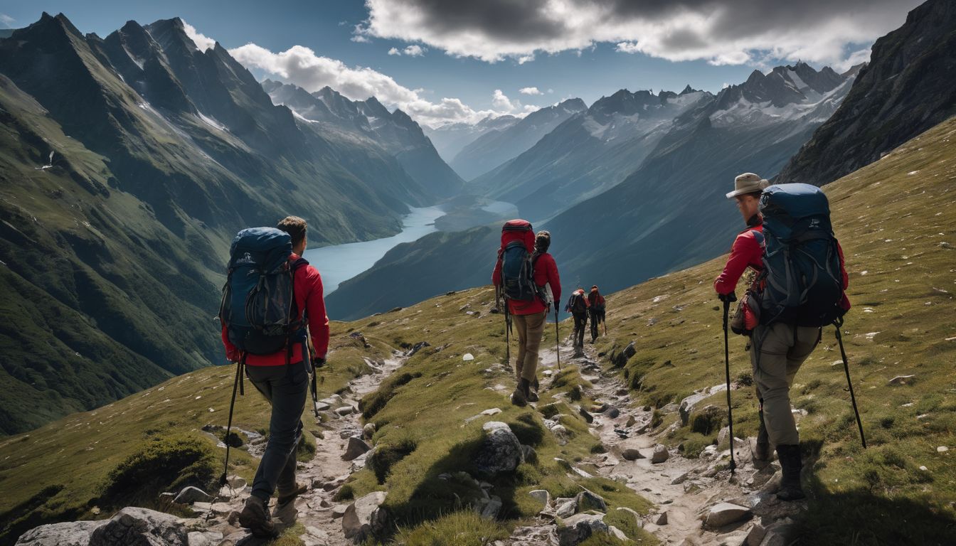 A diverse group of hikers is seen trekking through a mountain trail in full gear.