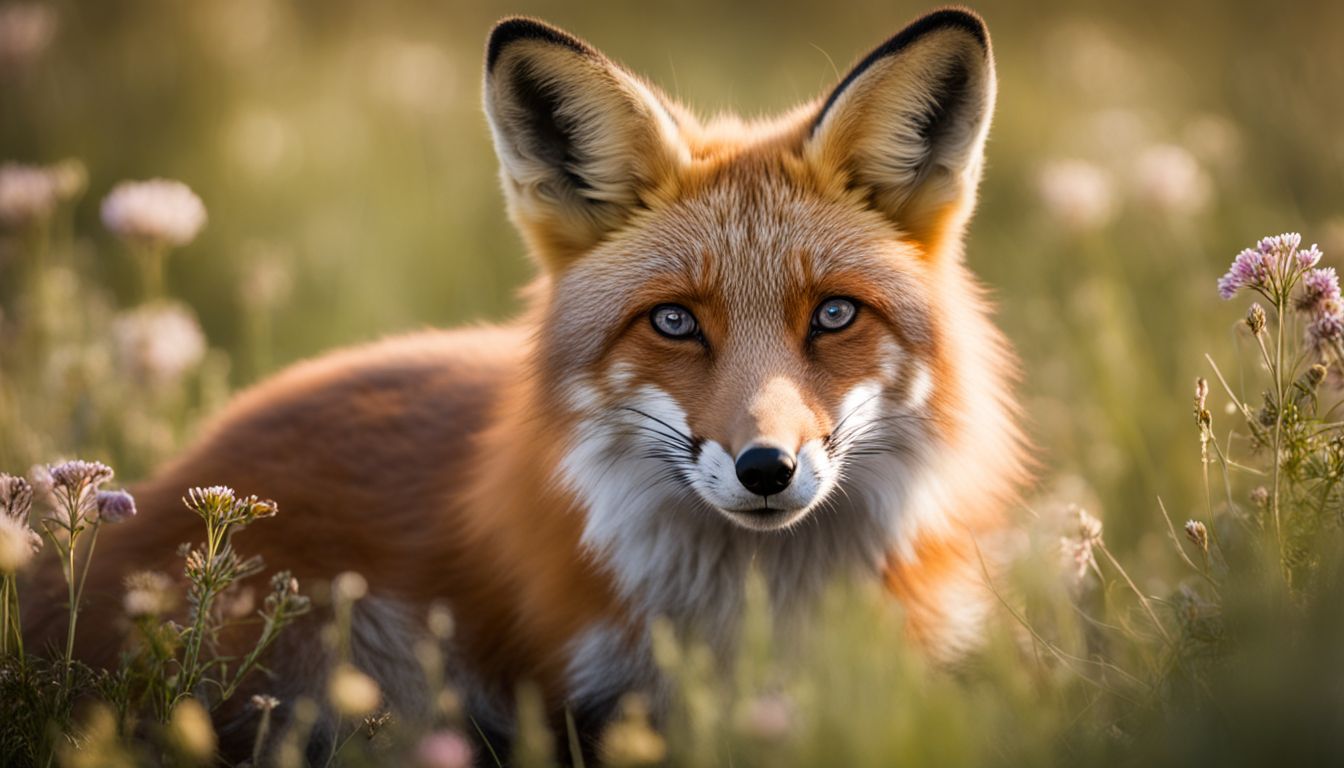 A photo of a red fox in a field of wildflowers, taken by a wildlife photographer of Caucasian ethnicity. Rare Flora and Fauna