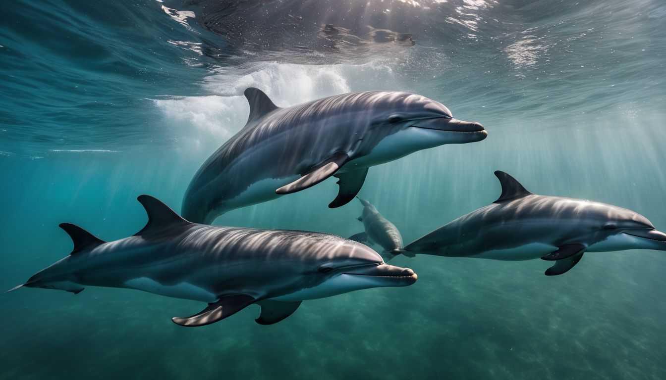 A diverse group of dolphins swims gracefully in the crystal clear waters off the Irish coast.