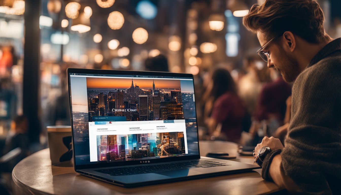 A laptop with a creative advertising campaign showcasing various cityscape photography images with different people and styles.
