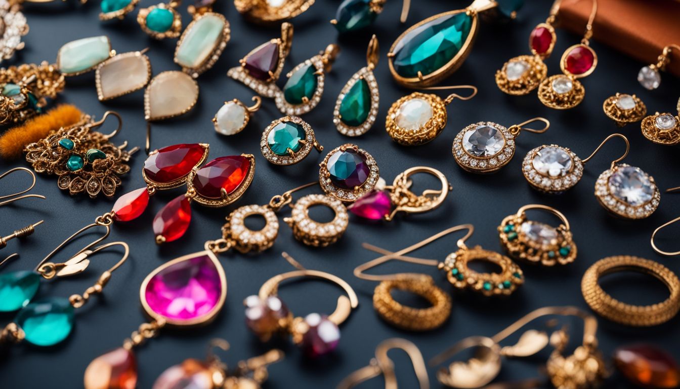Colorful earrings in various shapes and styles arranged in a flat lay with different faces, hair styles, and outfits.