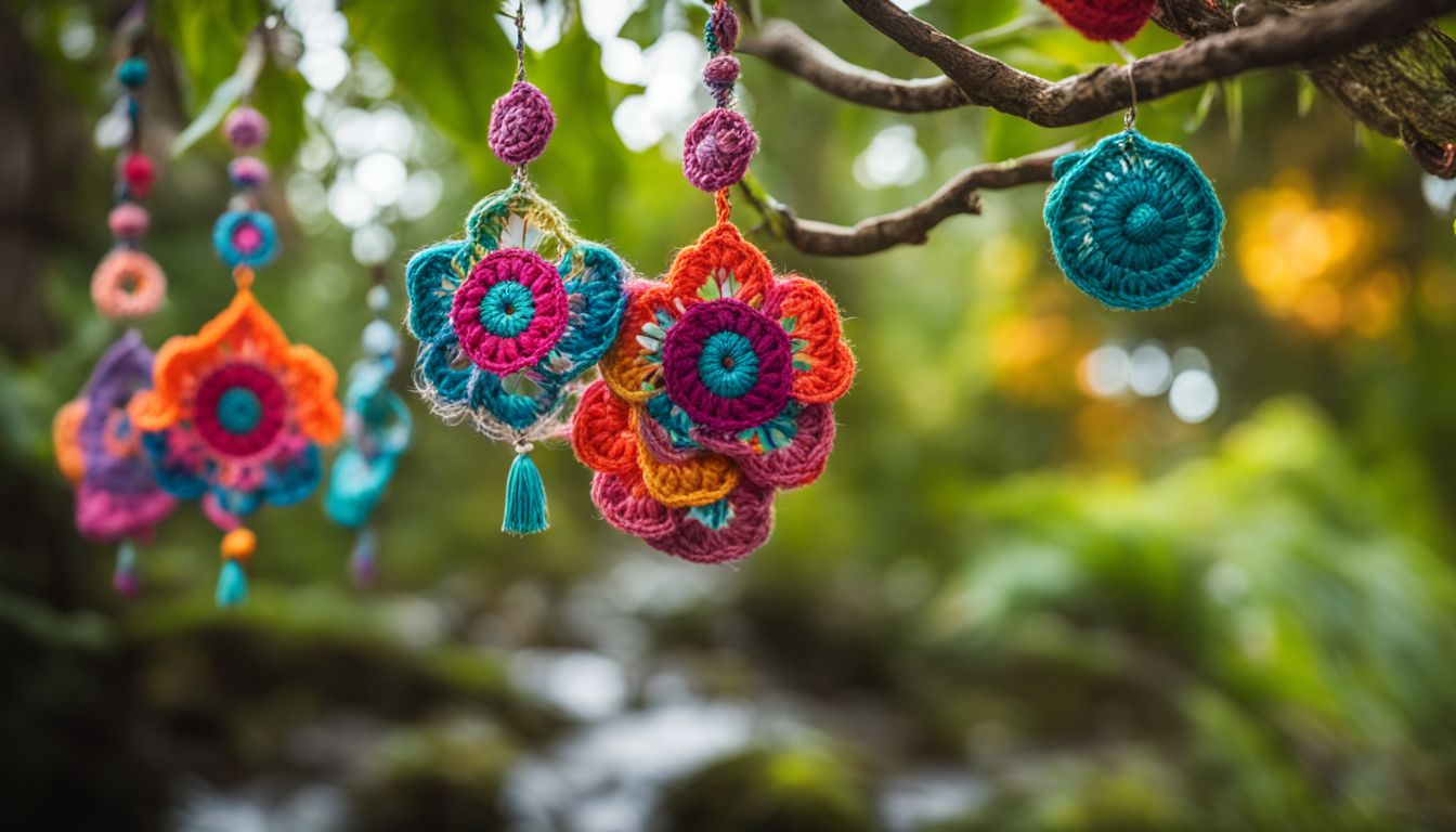 Photo of crochet earrings hanging from a tree branch in a natural environment, featuring people of various ethnicities, hairstyles, and outfits.
