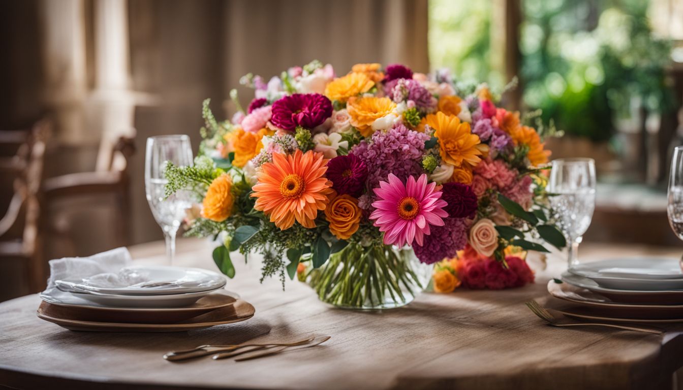 A bouquet of colorful flowers on a beautifully decorated table with a diverse group of people in different outfits.