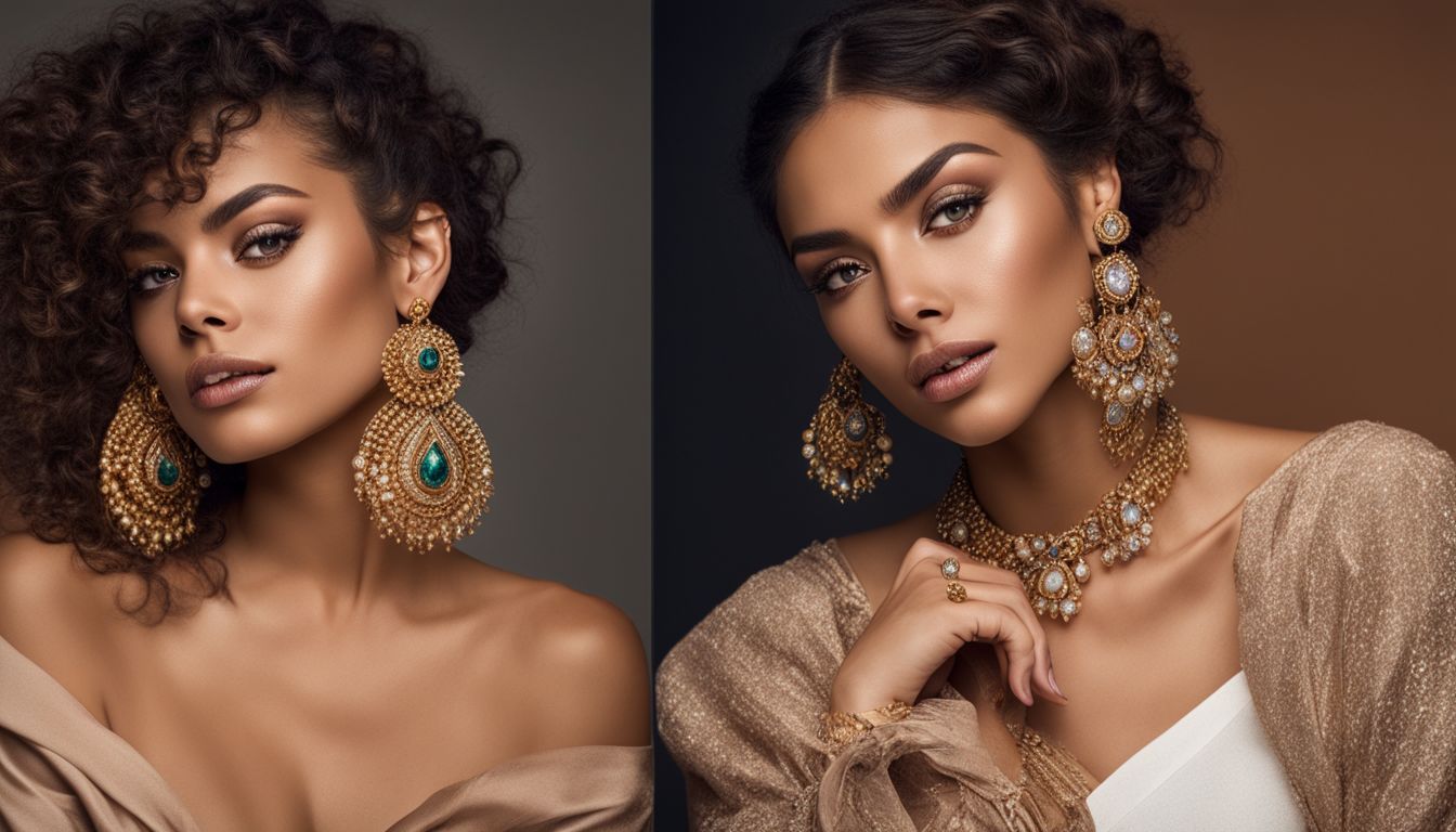A photo showcasing a woman wearing various earrings, with different hairstyles, outfits, and expressions.