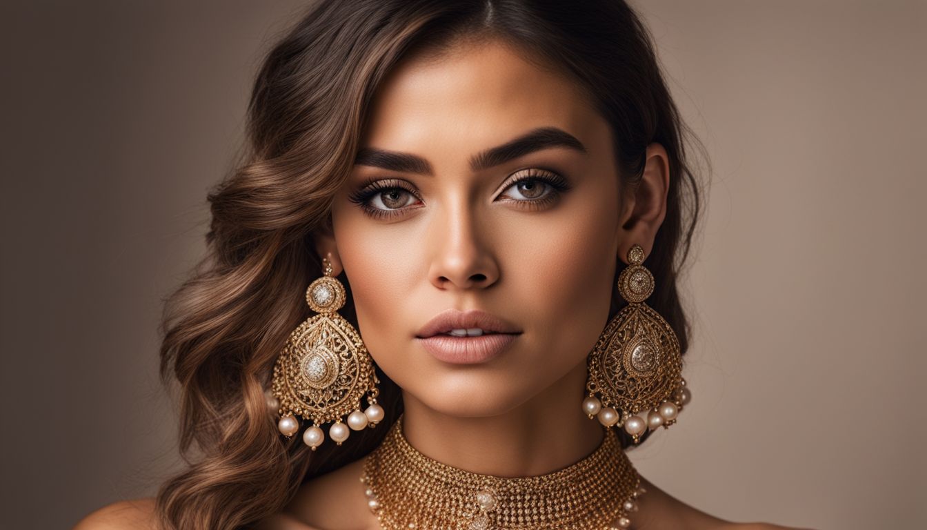 A portrait of a woman wearing various styles of earrings, showcasing different faces, hairstyles, and outfits.