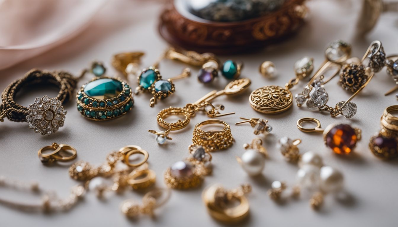 A photo of various earring clasps displayed on a table, showcasing different faces, hair styles, and outfits.