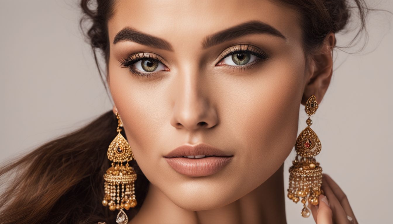 A photo of a stylish woman showcasing different types of earrings, with a focus on her face and detailed features.