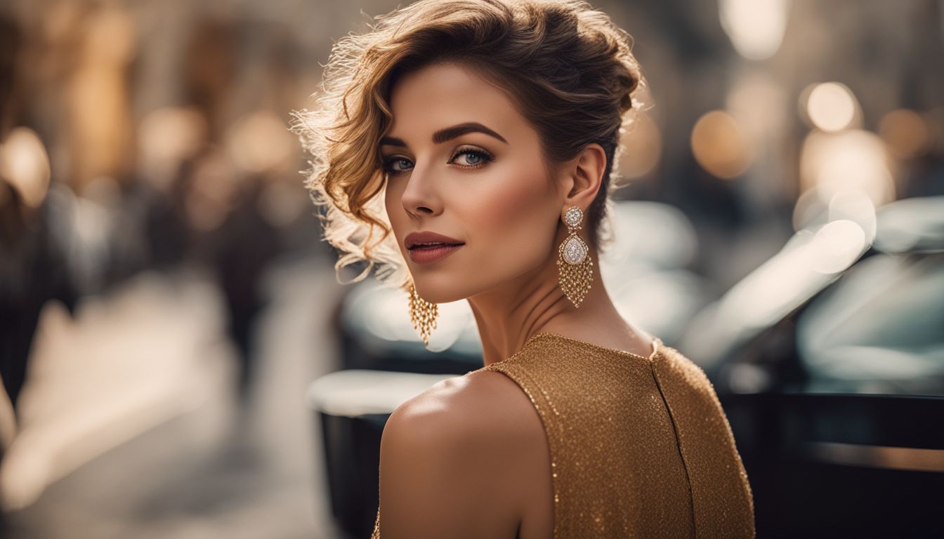 A photo of a woman wearing elegant earrings in a sophisticated setting, with different faces, hair styles, and outfits.