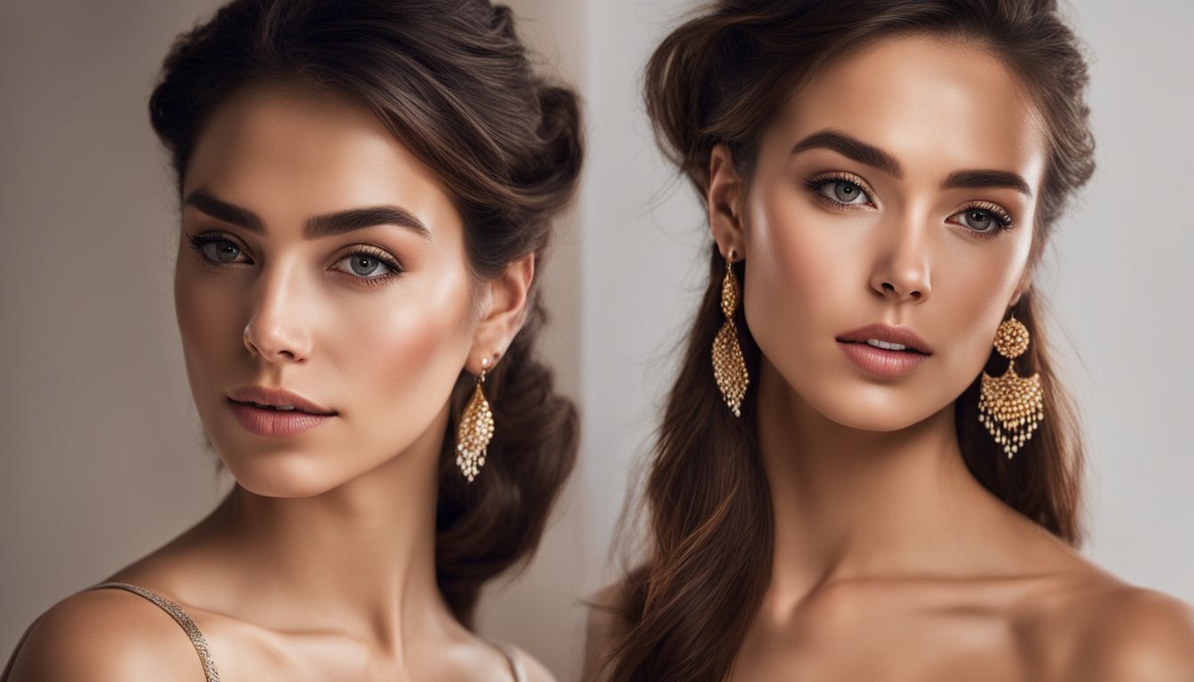 A photo of a woman showcasing her earrings with a detailed focus on her face, hair, and outfit.