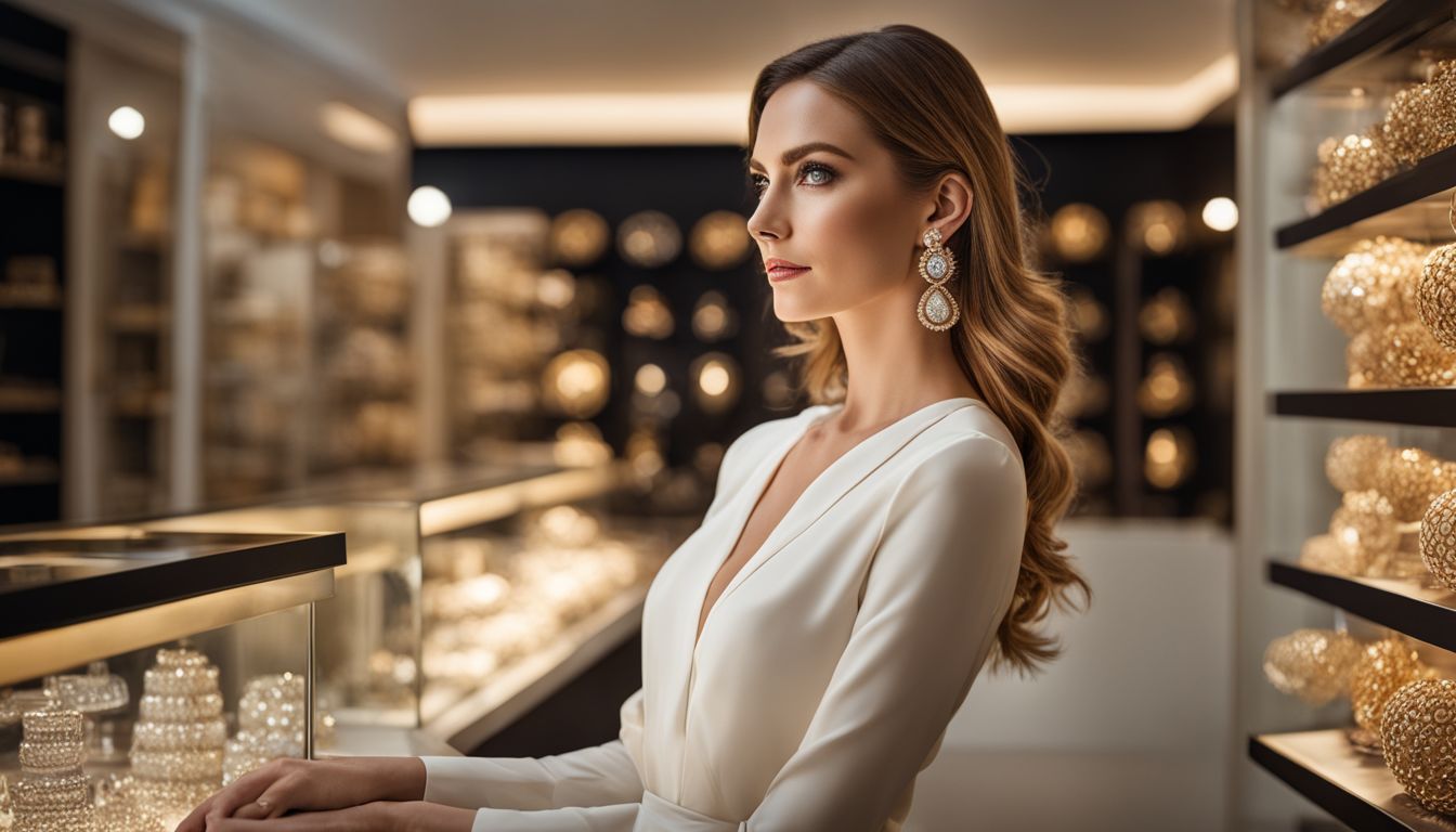 The photo shows a woman wearing elegant earrings in a sophisticated jewelry store, highlighting her detailed features and different looks.
