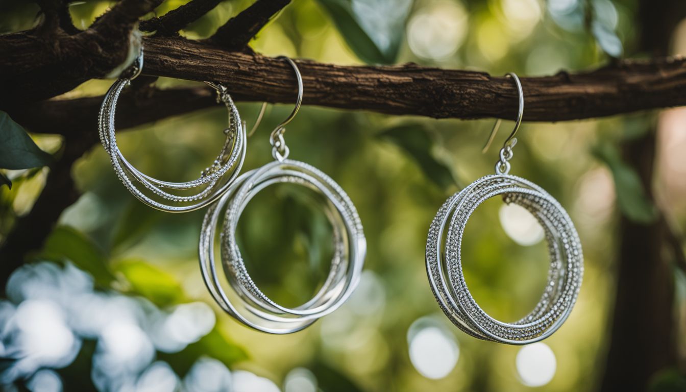 A photo of silver hoop earrings hanging from a tree branch in a natural setting with various people showcasing different styles.
