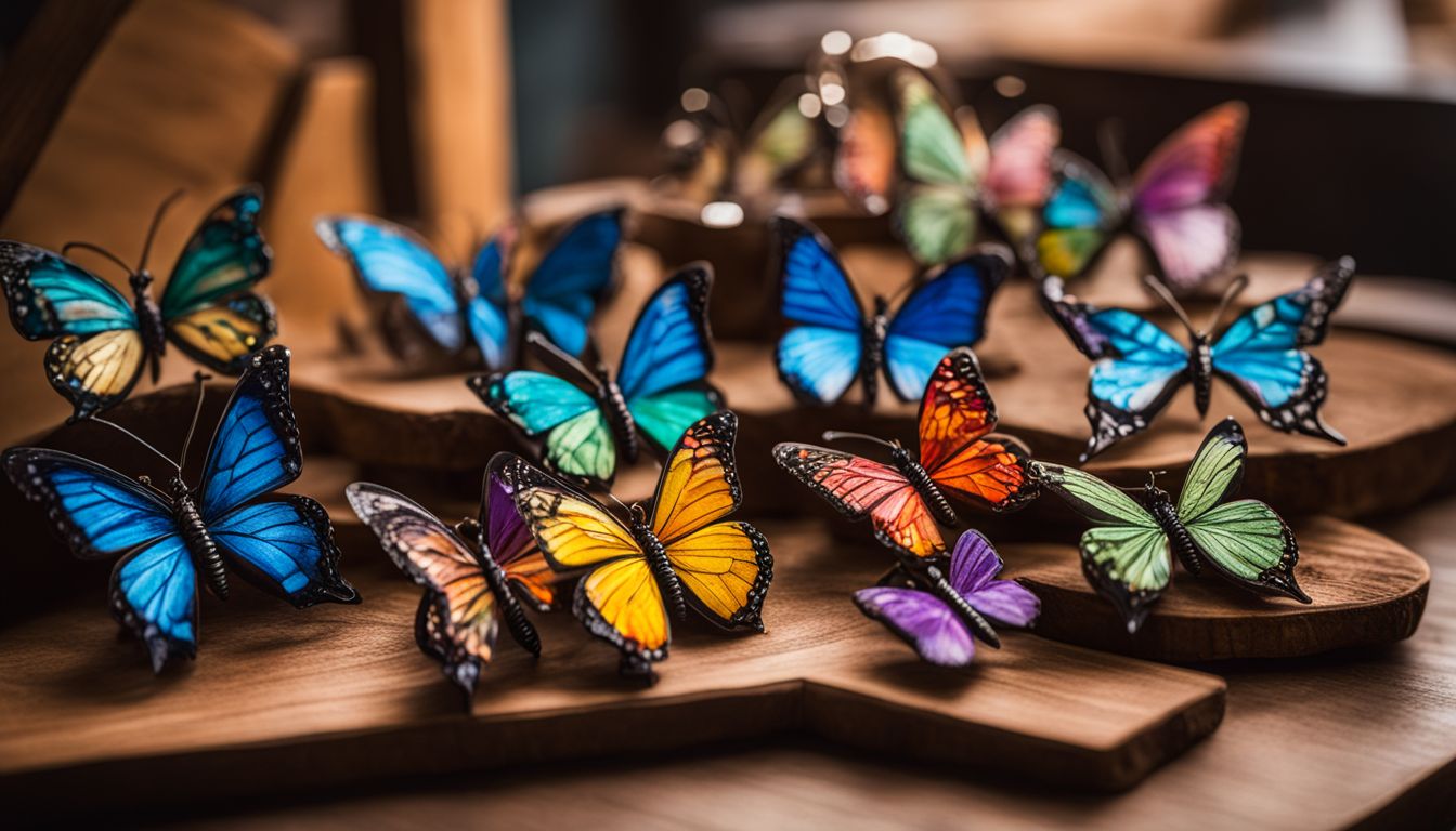 Colorful butterfly earrings displayed on a wooden jewelry stand, with various models showcasing different styles and outfits.