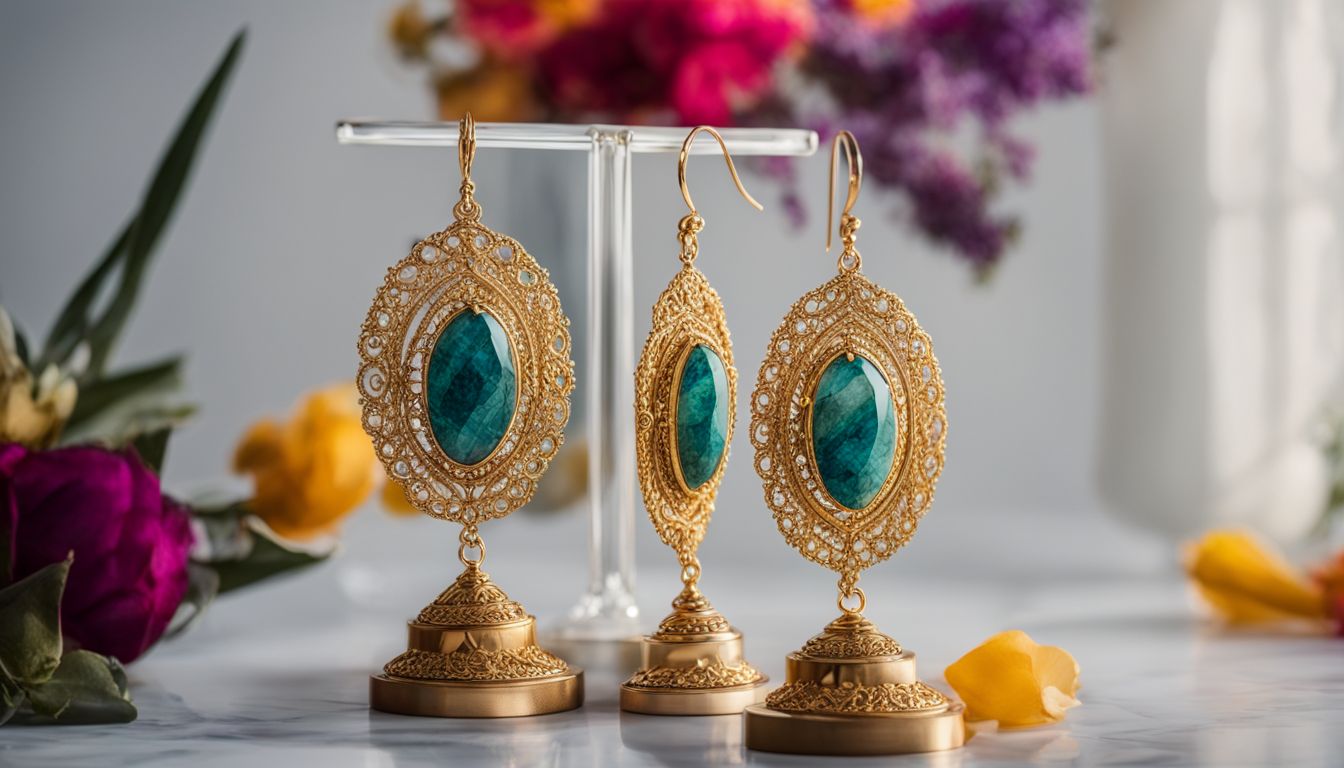 A vibrant photo of Oval dangling earrings displayed on a marble pedestal with various faces and outfits.