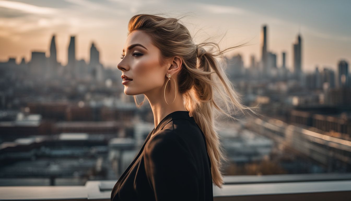 A photo of a woman wearing trendy earrings with a modern cityscape in the background.