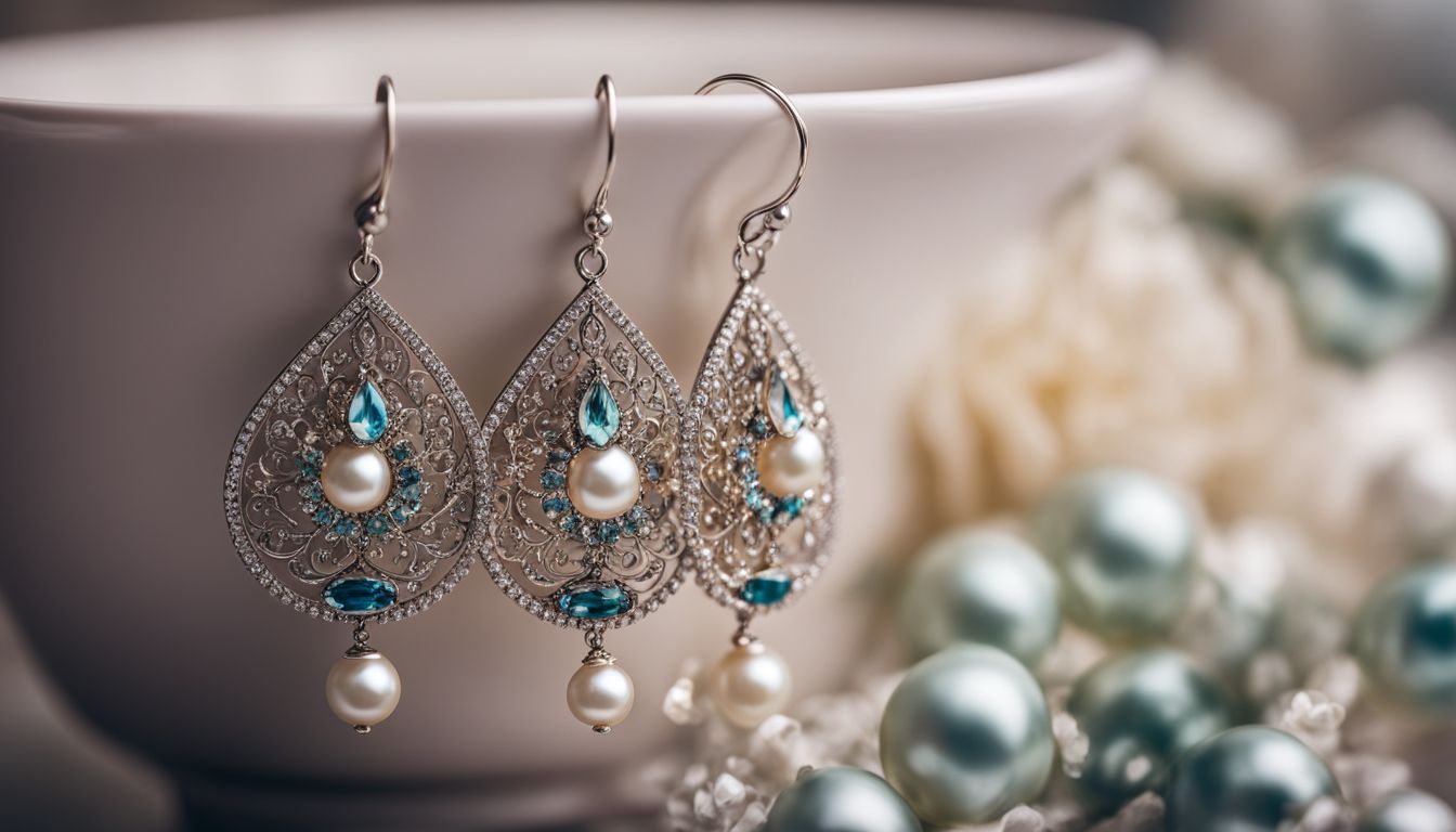 A close-up photo of dangling earrings with pearls and crystals in different styles, worn by people of different ethnicities.