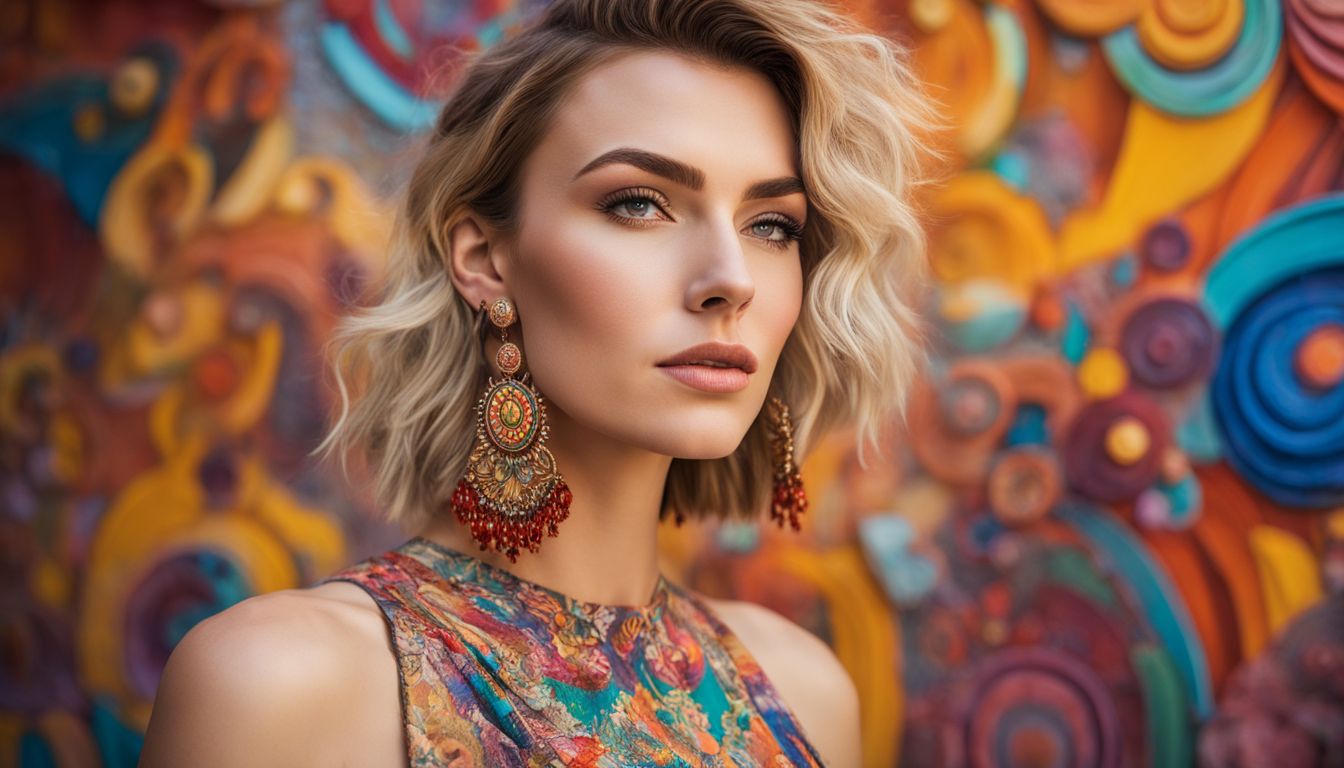 A photo of a woman with asymmetrical earrings standing in front of a colorful mural, with highly detailed features and various styles.