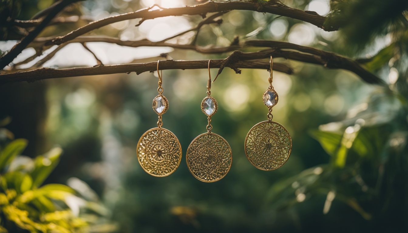 A photo of circular earrings hanging from a tree branch in a lush garden with various people showcasing different styles.