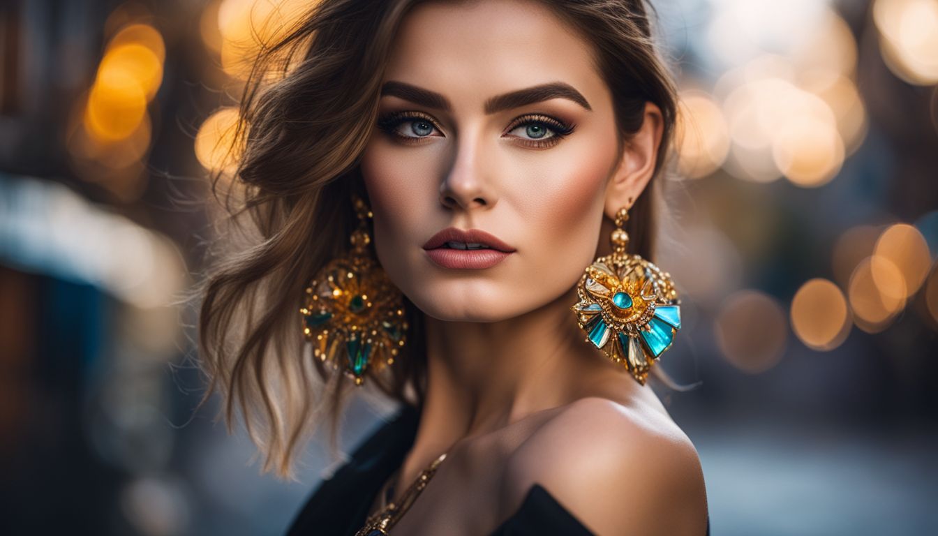 The photo features a confident woman wearing eye-catching fantasy earrings in a vibrant urban environment.