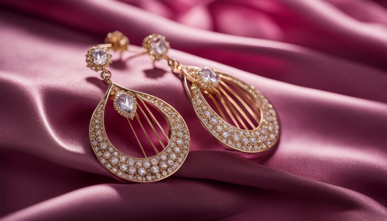 A photo of dangling earrings on a velvet background, featuring various hairstyles, outfits, and ethnicities.