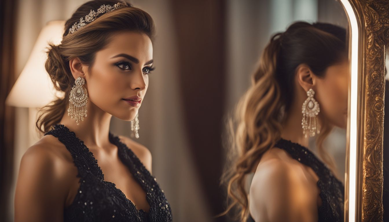 A woman with elegant earrings posing in front of a mirror with different faces, hairstyles, and outfits.