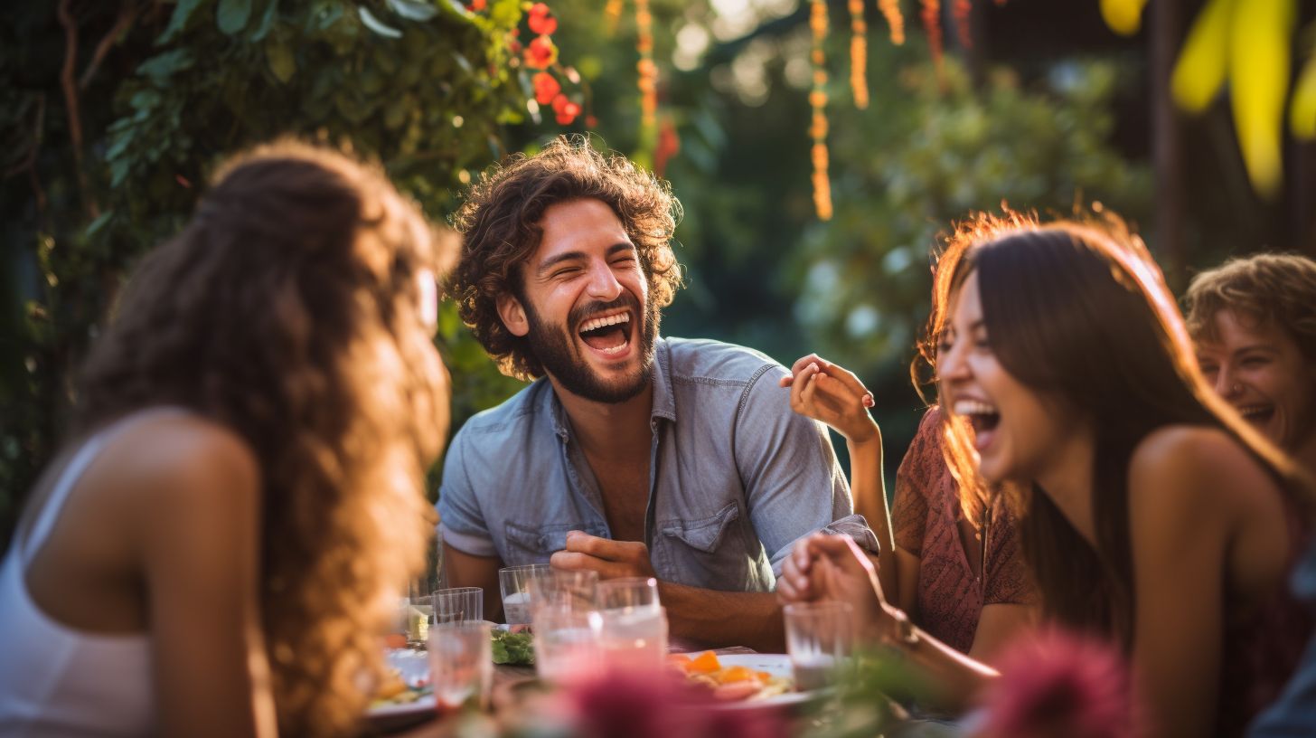 A group of friends laughing and celebrating at a backyard party.