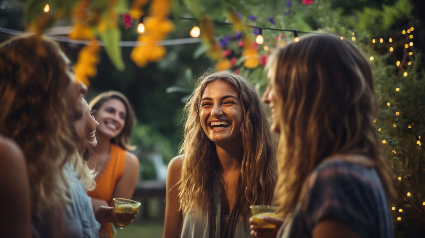 A group of friends laughing and celebrating at a backyard party.