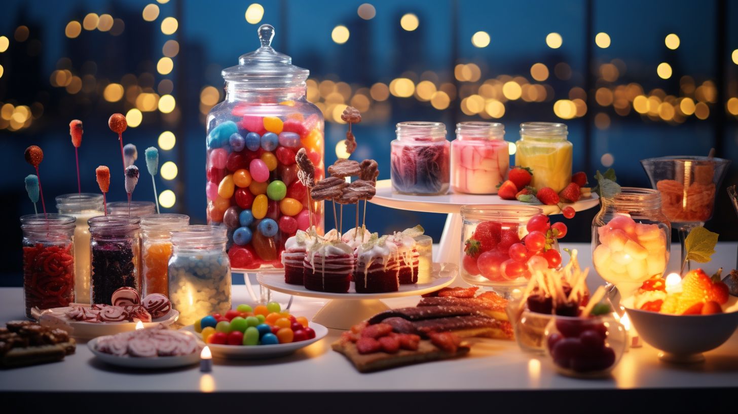 A vibrant dessert table filled with colorful sweets and treats.