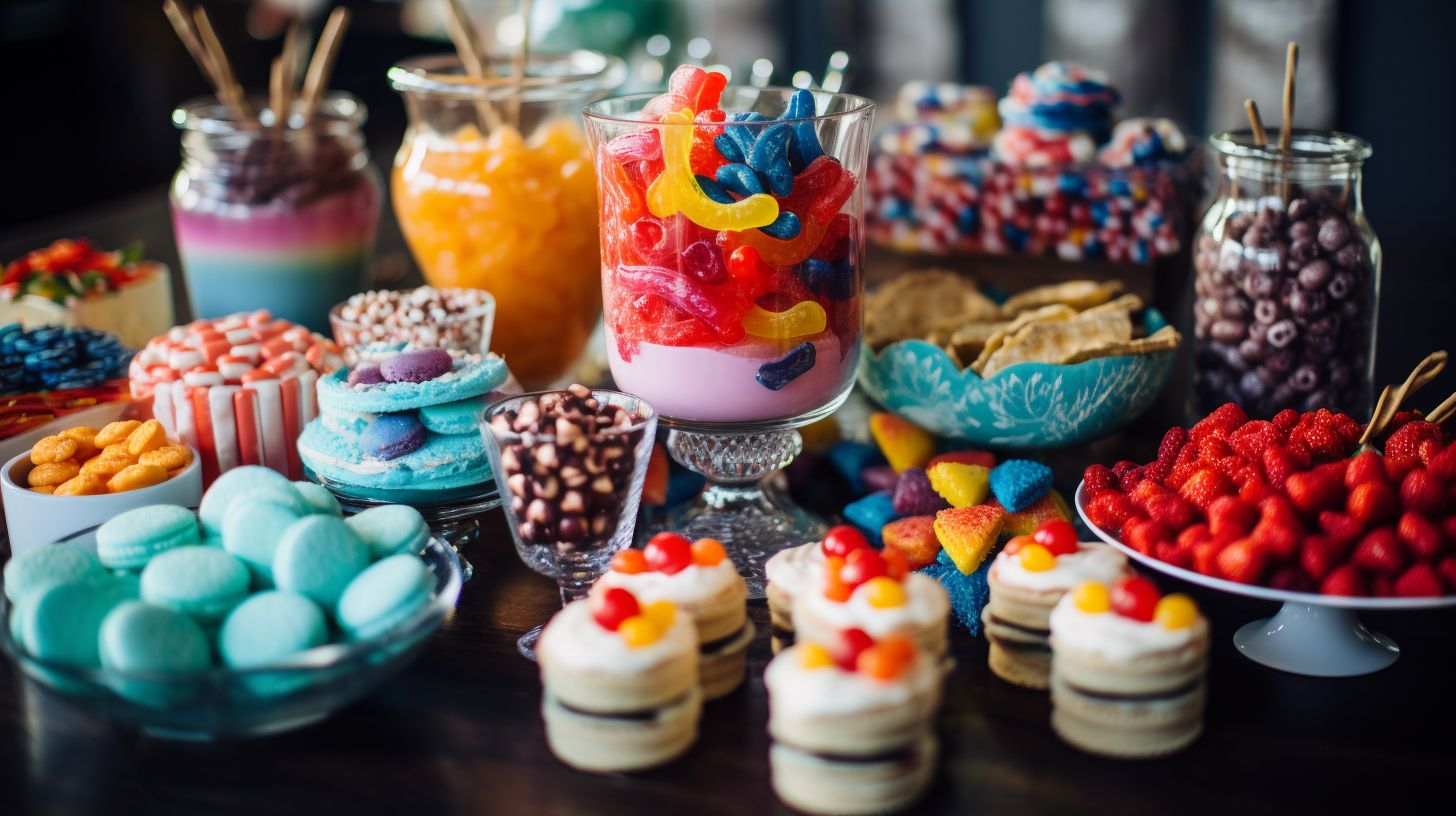 A vibrant dessert table filled with colorful sweets and treats.