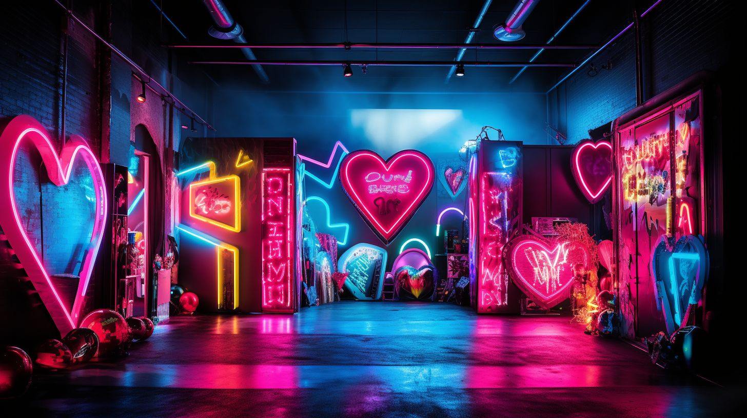Vibrant photo booth with neon props and personalized signs.