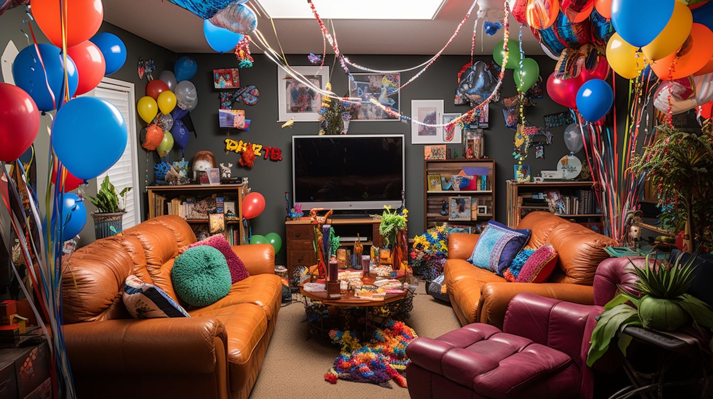 Vibrant game-themed living room for 18th birthday celebration.