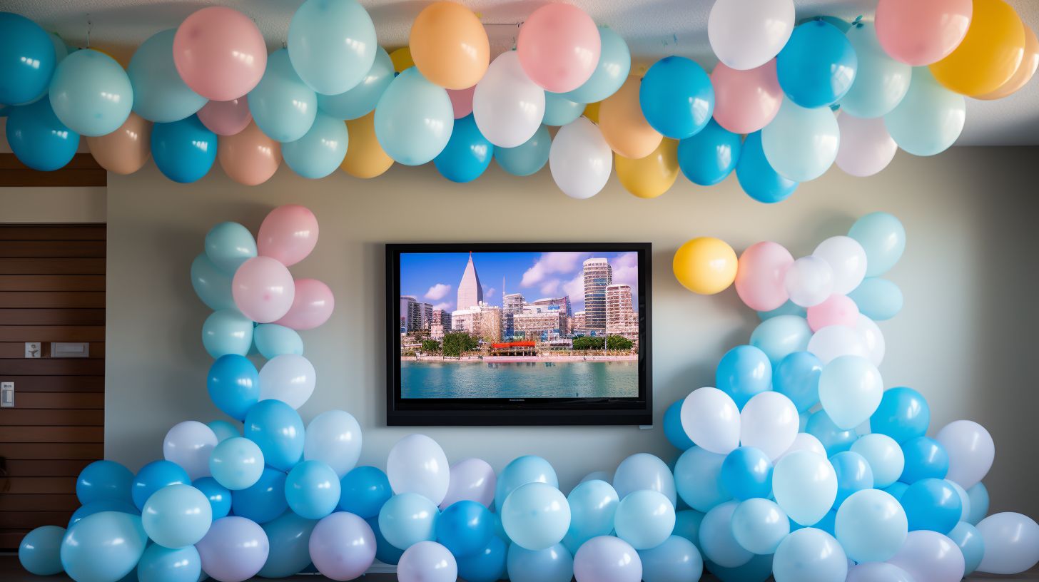 Simple 18th Birthday Decoration Ideas at Home: Colorful balloons and birthday decorations fill a room for an event.