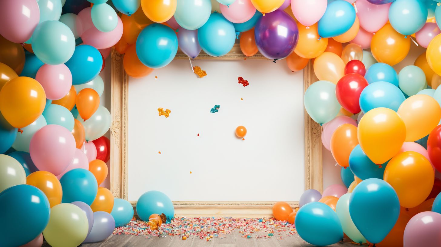 Colorful balloons and birthday decorations fill a room for an event.