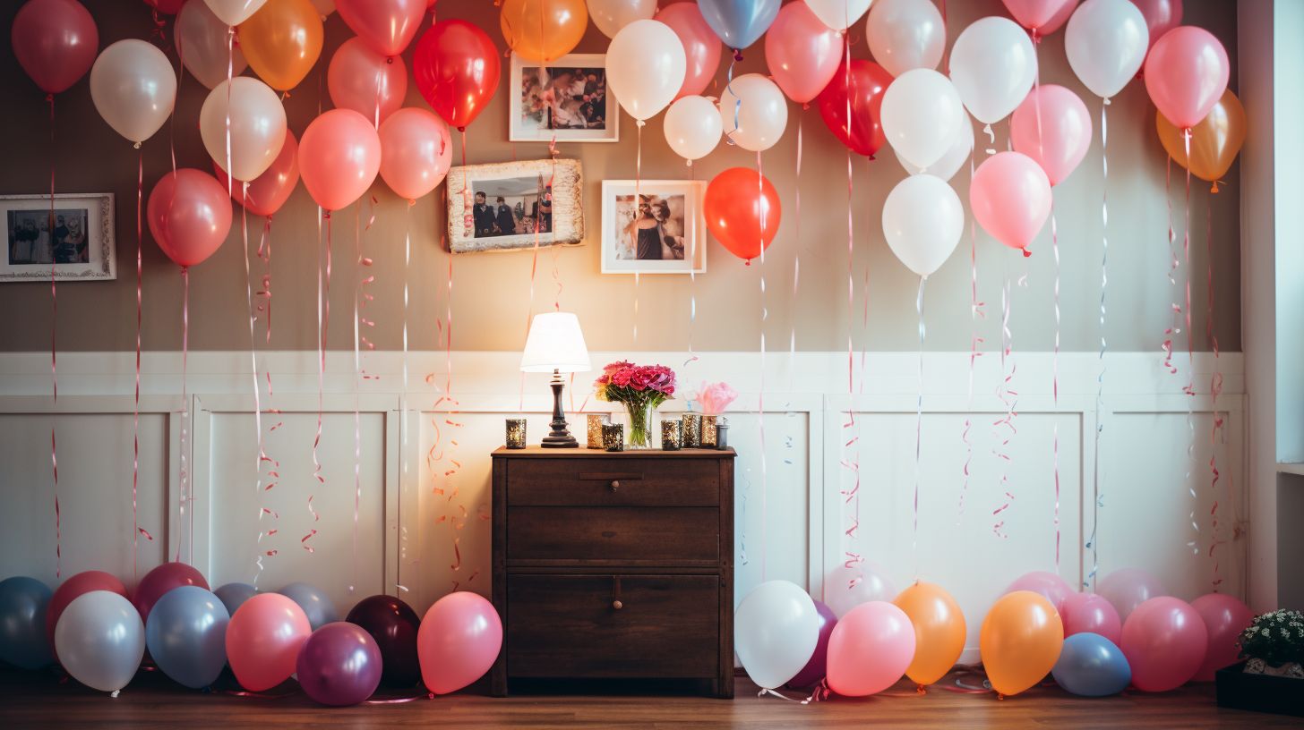 Colorful balloons and birthday decorations fill a room for an event.