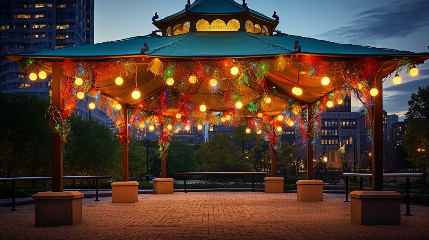 A decorated outdoor gazebo with a colorful banner and cityscape backdrop.