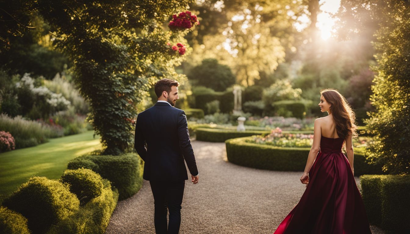 Engaged couple in formal attire walking in a beautiful garden.