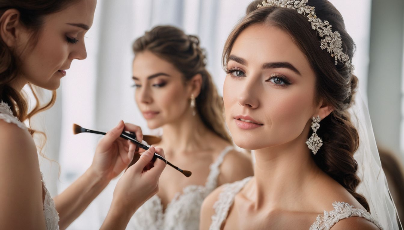 A bride getting professional makeup done in a well-lit studio.