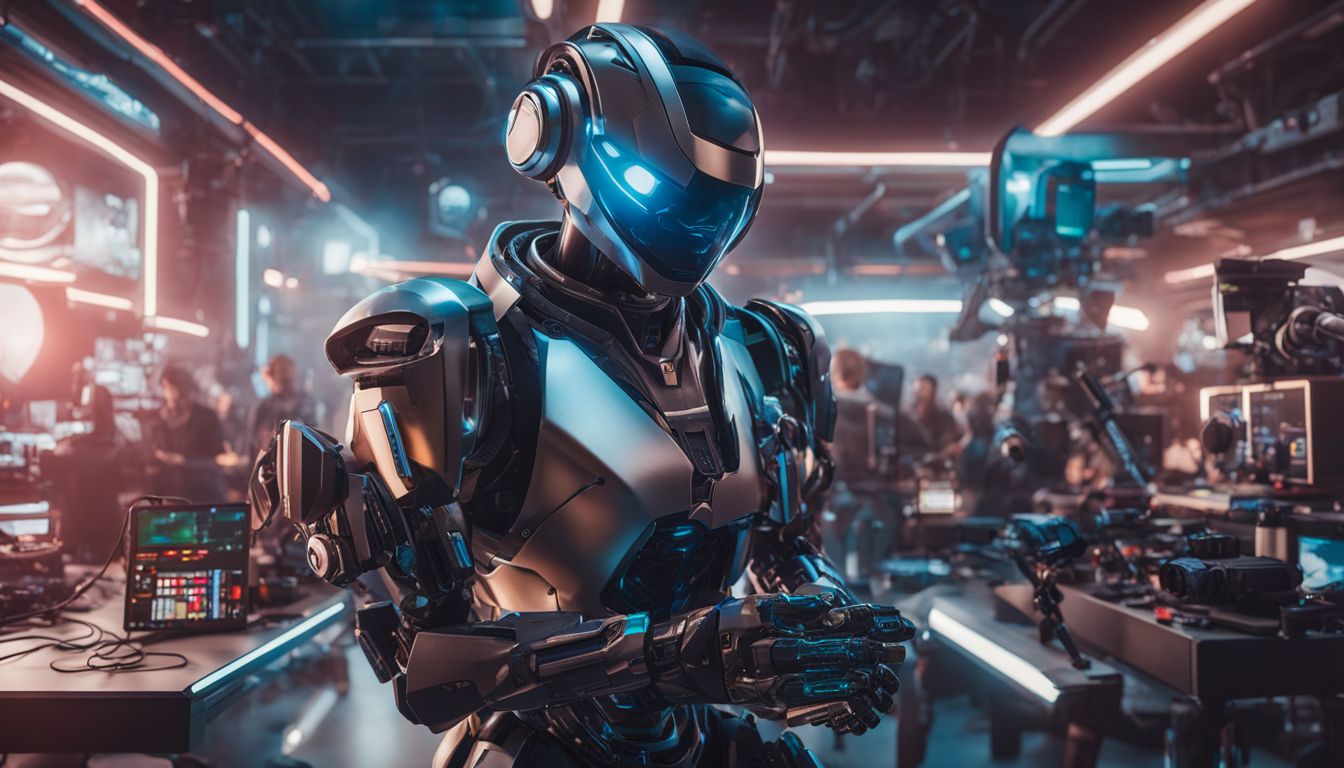 A futuristic robot character holding a microphone surrounded by hi-tech gadgets.