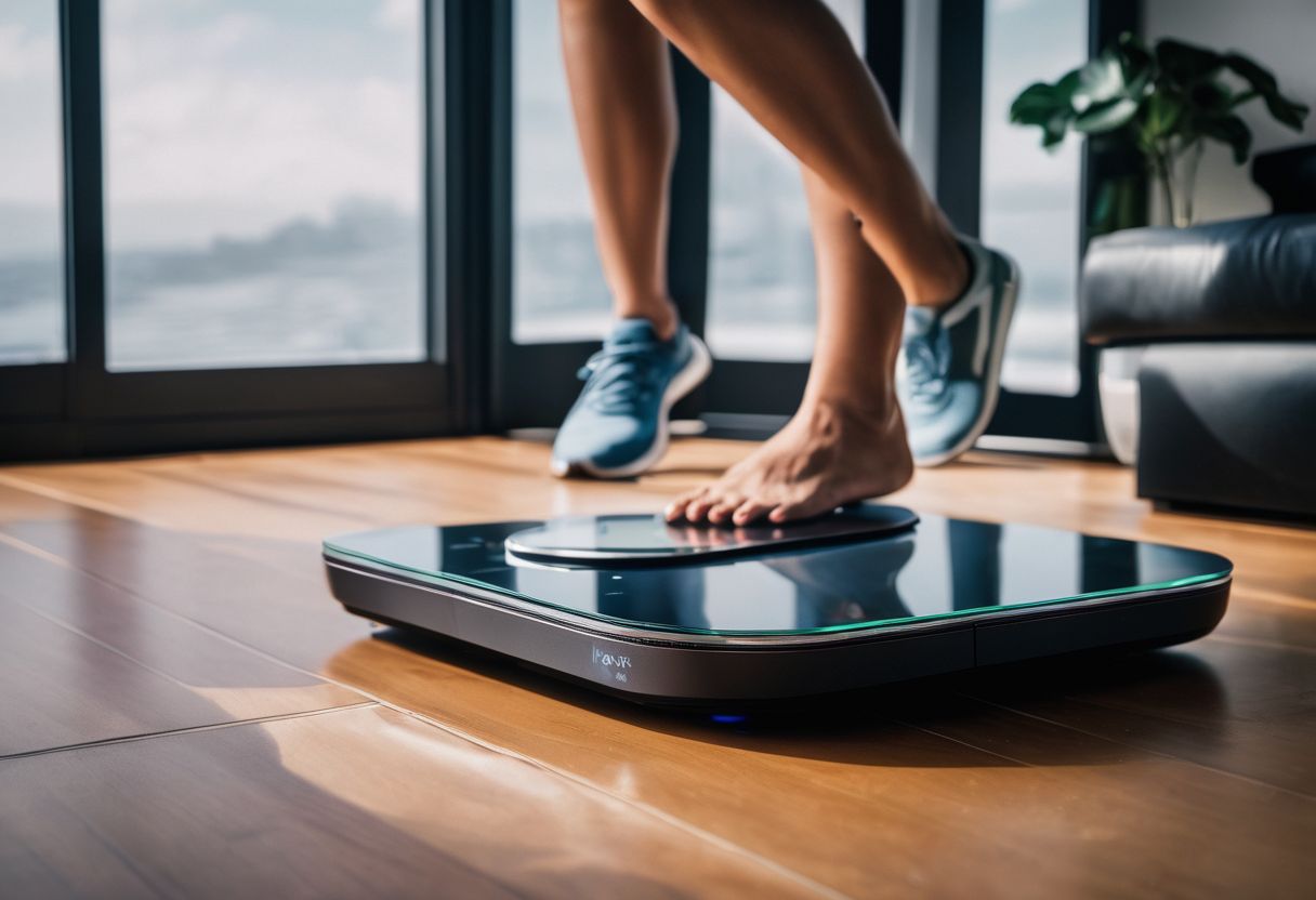 A futuristic smart scale surrounded by technology gadgets and diverse people.