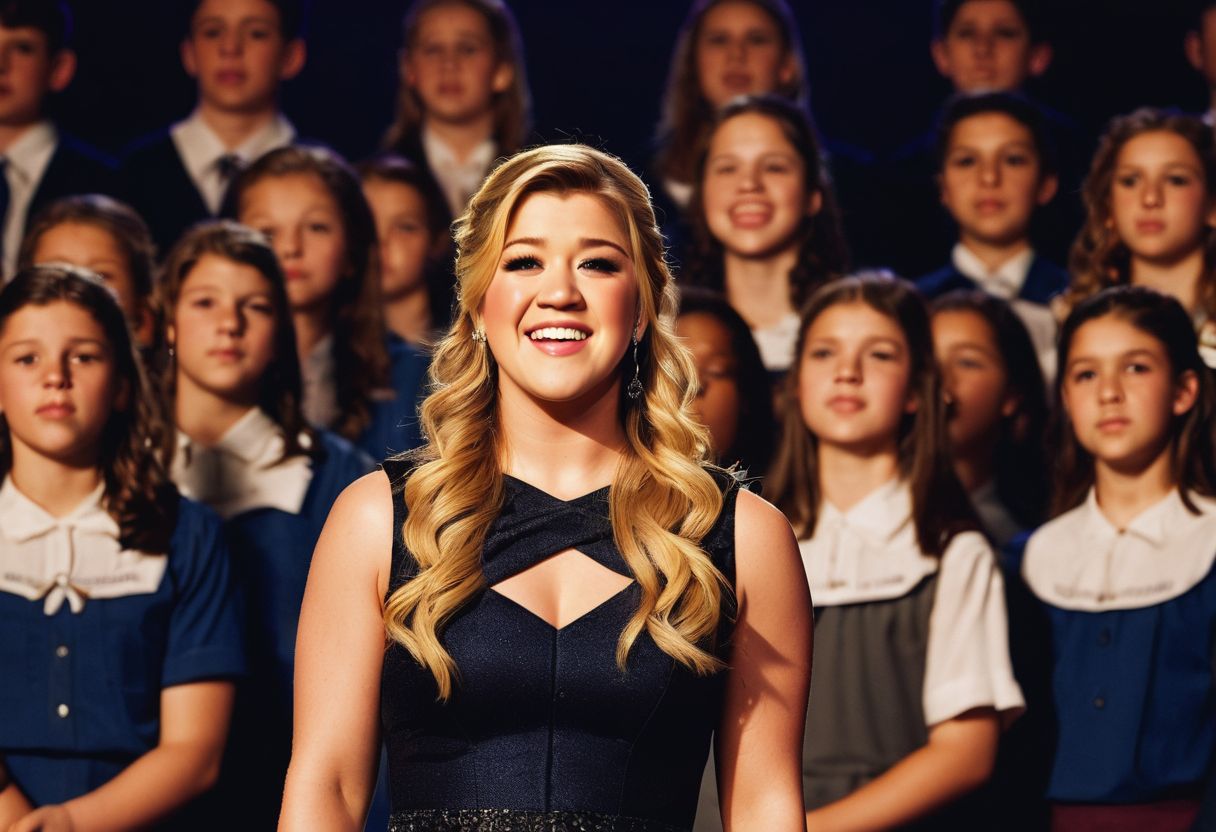 Young Kelly Clarkson singing in a school choir with classmates.