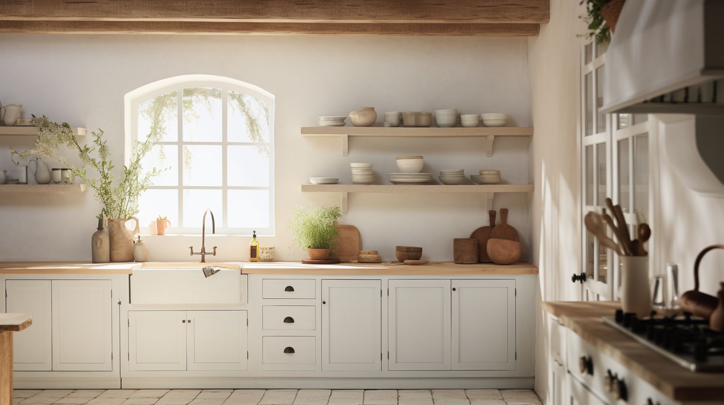 A third farmhouse-inspired kitchen with whitewashed cabinets, a wide-angle view and old-school design.