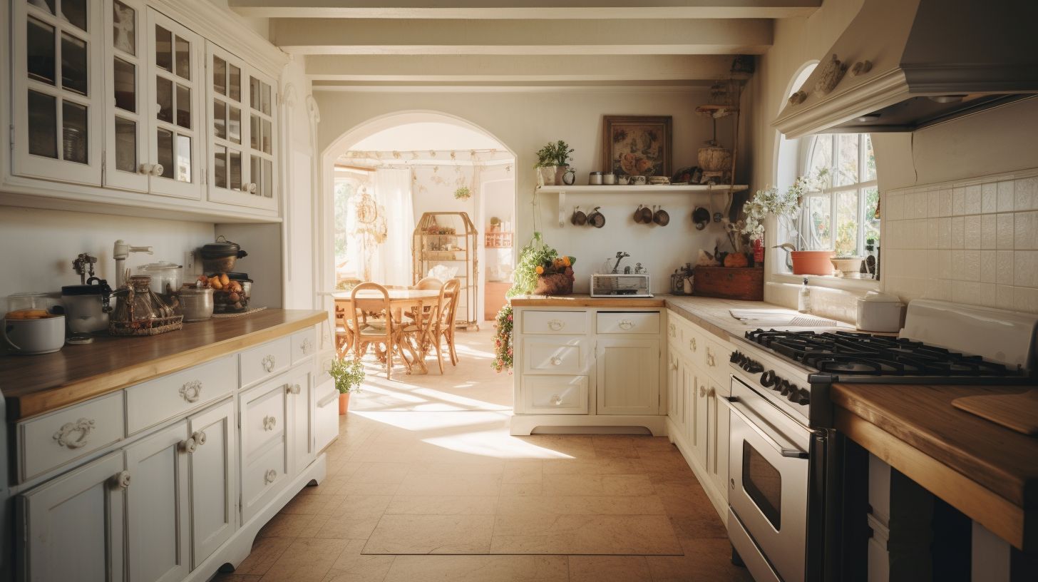 Another farmhouse-inspired kitchen with whitewashed cabinets and a less wide-angle view.